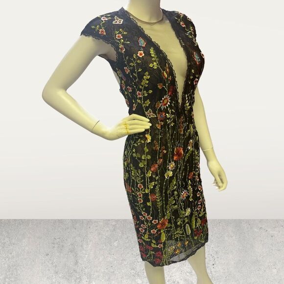 Jovani Sheer Embroidered Over Lace Plunging Neck Cocktail  Dress Whimsical Gothi - Picture 7 of 11